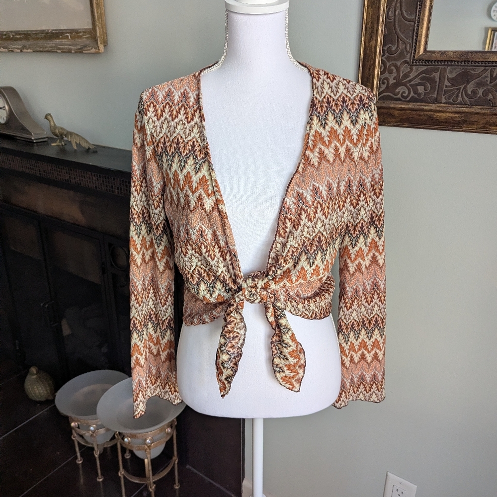 Vintage 90s Boho Womens Large Tie Long Bell Sleeve Cover-up Top Fairycore Hippie